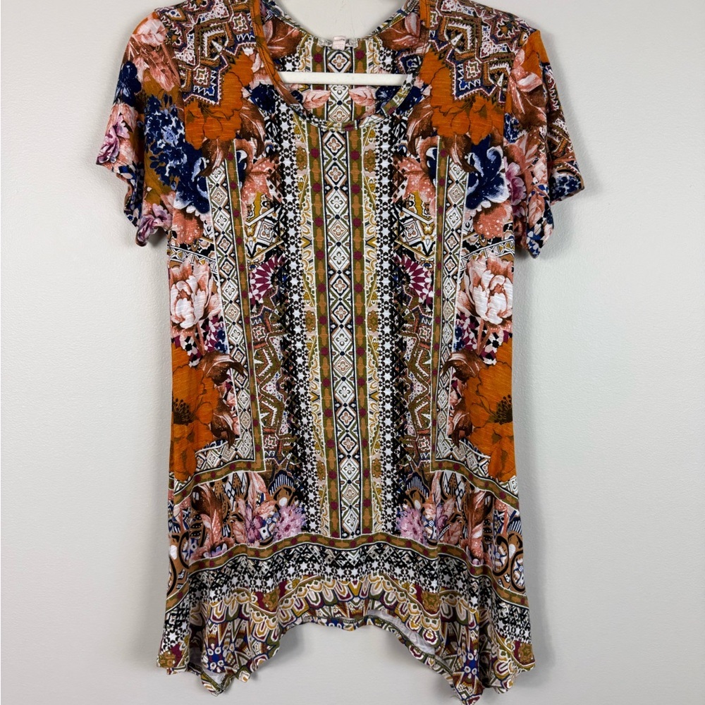 One World Top Women Small Asymmetric Aztec Western Short Sleeve Flowy Tunic Boho